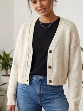 NWT Abound Cotton Blend Oatmeal Color Cropped Button-Front Cardigan